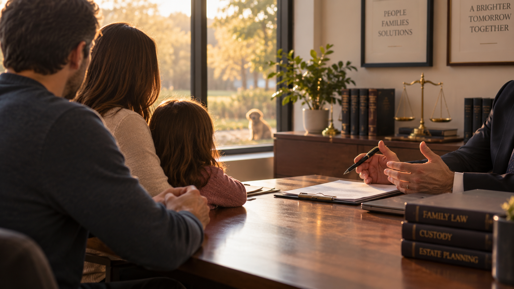 Family in a lawyer's office with a dog silhouette visible through the window
