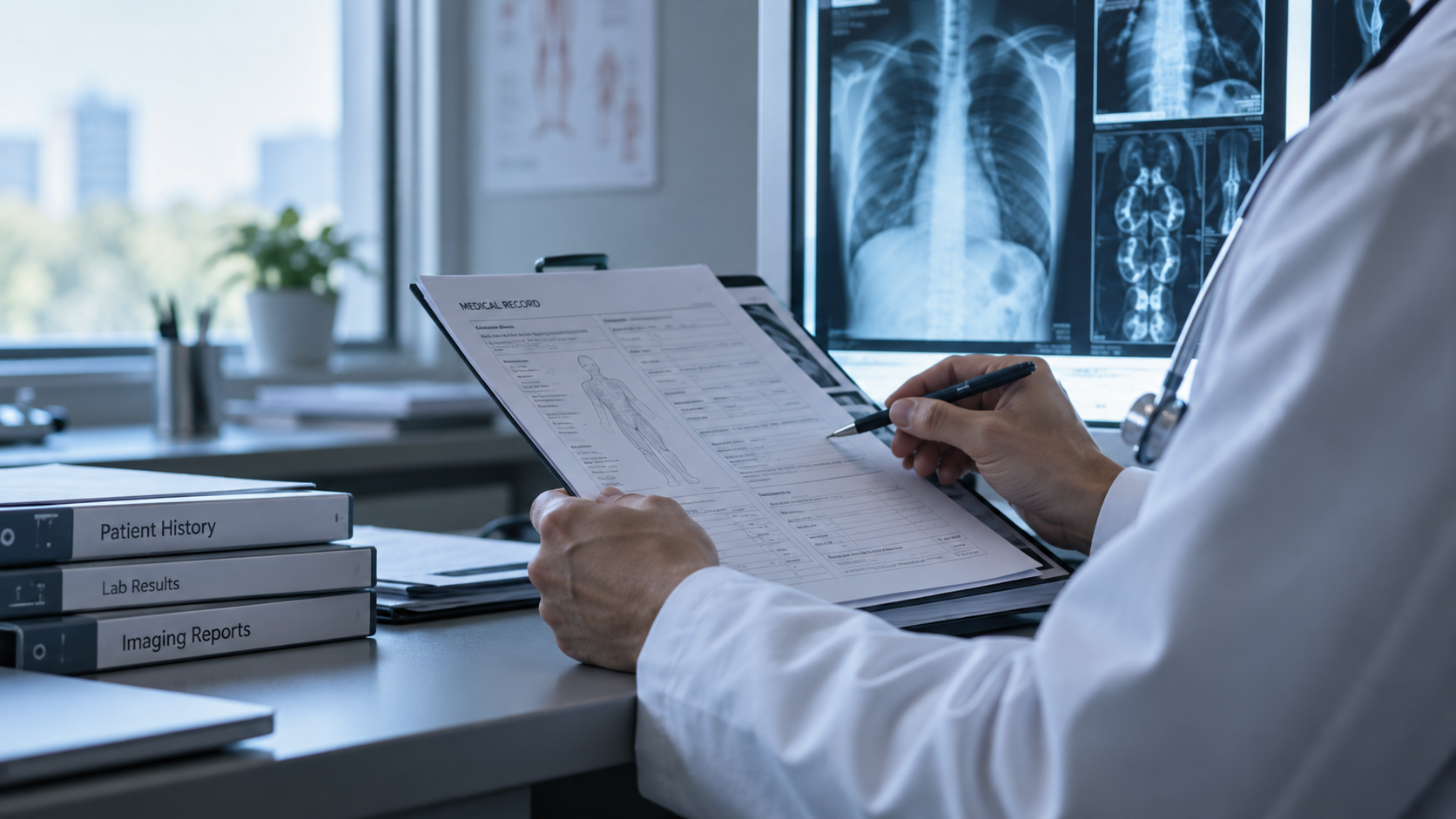 Medical professional reviewing charts and X-ray in a clinical office