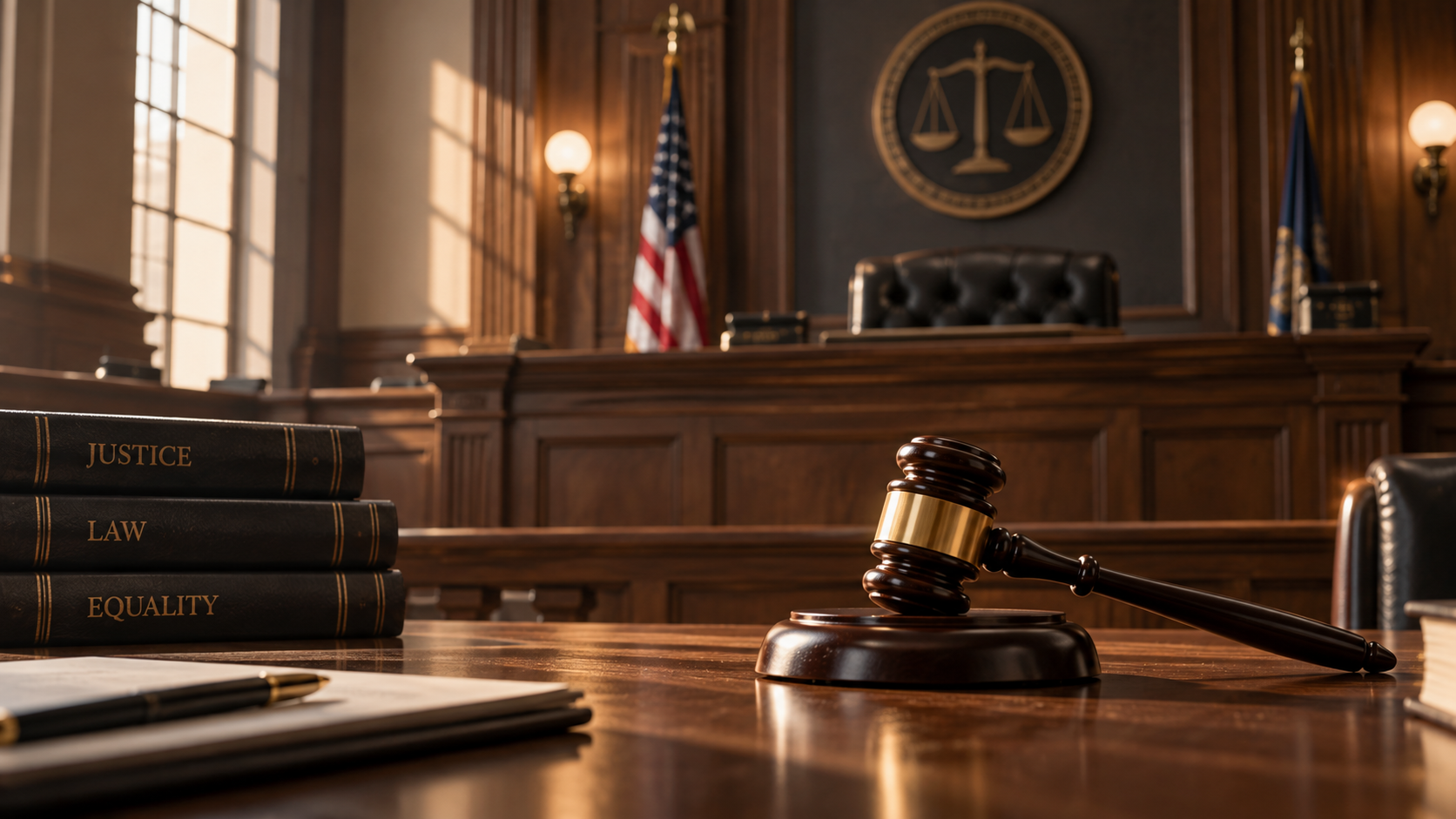 Empty courtroom with gavel and bench in dramatic lighting